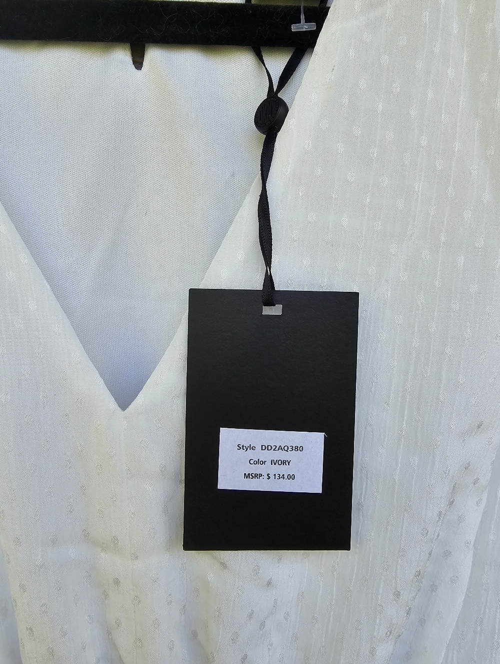 DKNY Ivory Swiss Dot Midi Dress NWT Size 8 Puff Sleeve V-Neck - Picture 7 of 8
